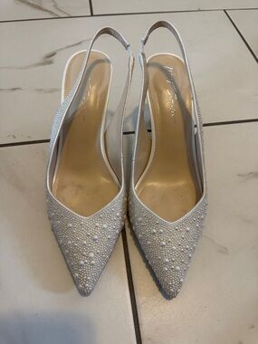 Betsey Johnson White Pearl-Beaded Slingback Pointed Heels